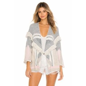 Wildfox Cardigan Womens Small Grey Pink Geometric Fringe Open‎ Front Chunky Knit